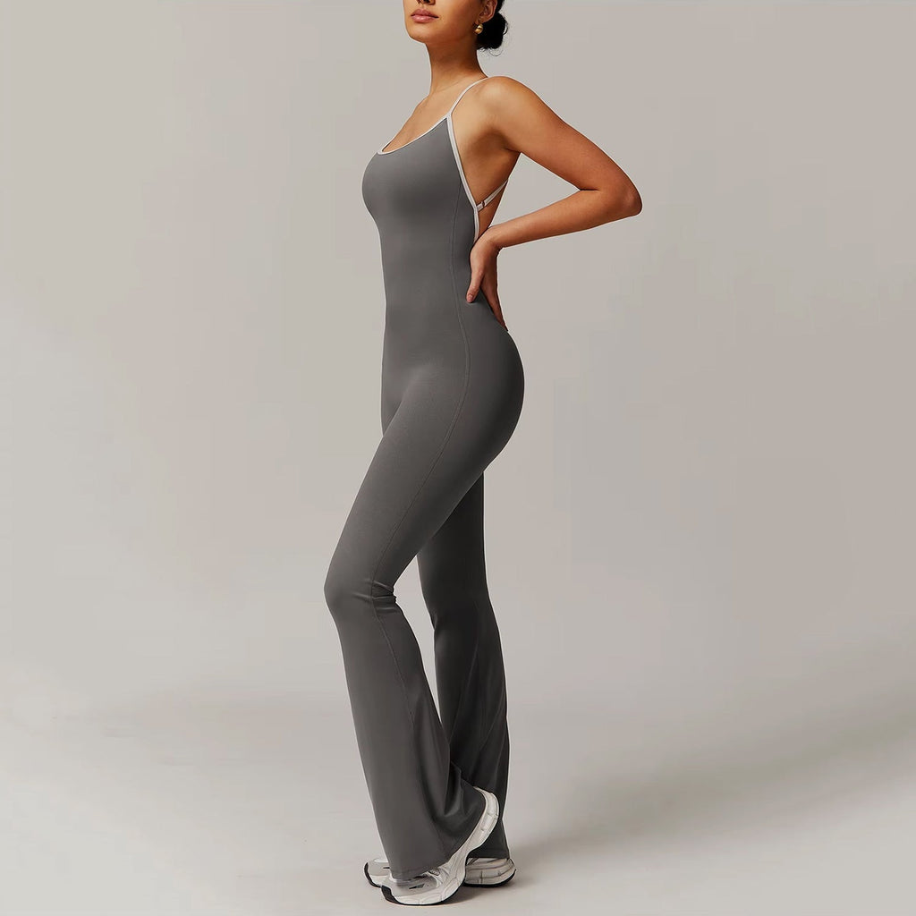 Çizgi Detaylı Sırt Dekolteli Büzgü Tulum