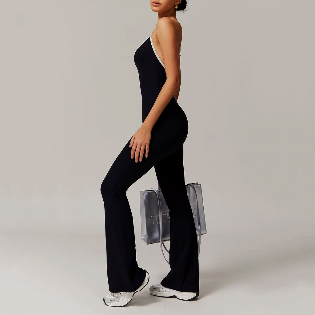 Çizgi Detaylı Sırt Dekolteli Büzgü Tulum