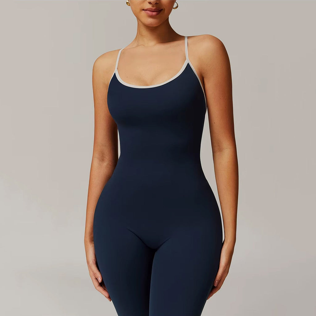 Çizgi Detaylı Sırt Dekolteli Büzgü Tulum